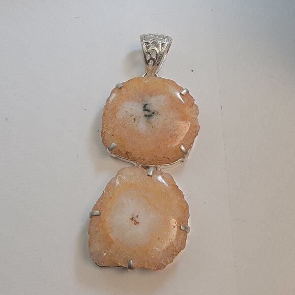 Sterling Silver Pendants Necklace with Handmade Peach Stalactite Slice Jewelry - Picture 1 of 10